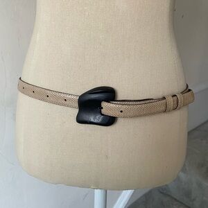 Jeff Deegan Vintage Tan Lizard Leather Skinny Abstract Brass Buckle Belt EUC